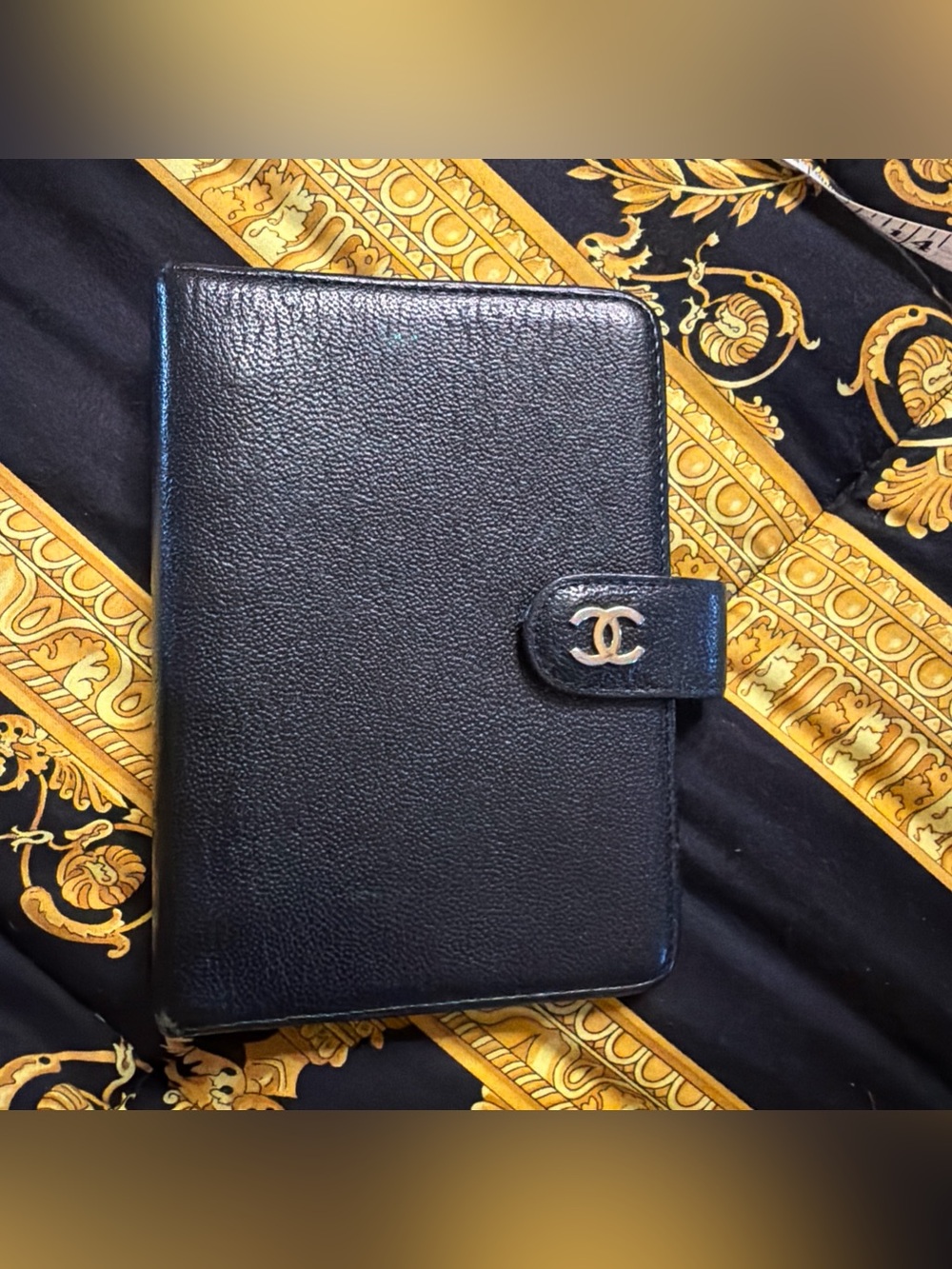 CHANEL Black Leather Agenda with Gold CC Snap